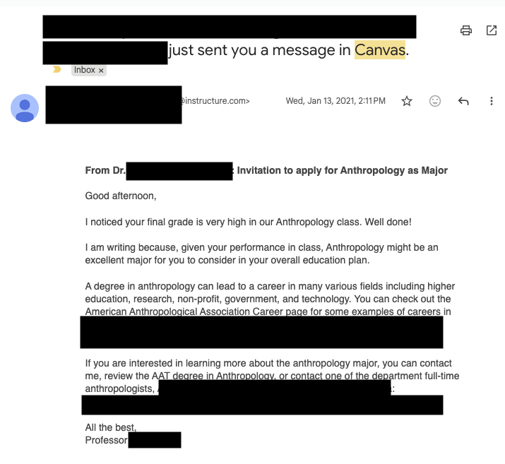 This is what a Canvas message might look like when forwarded to your email inbox. Hackers claim to have millions of these types of messages. 